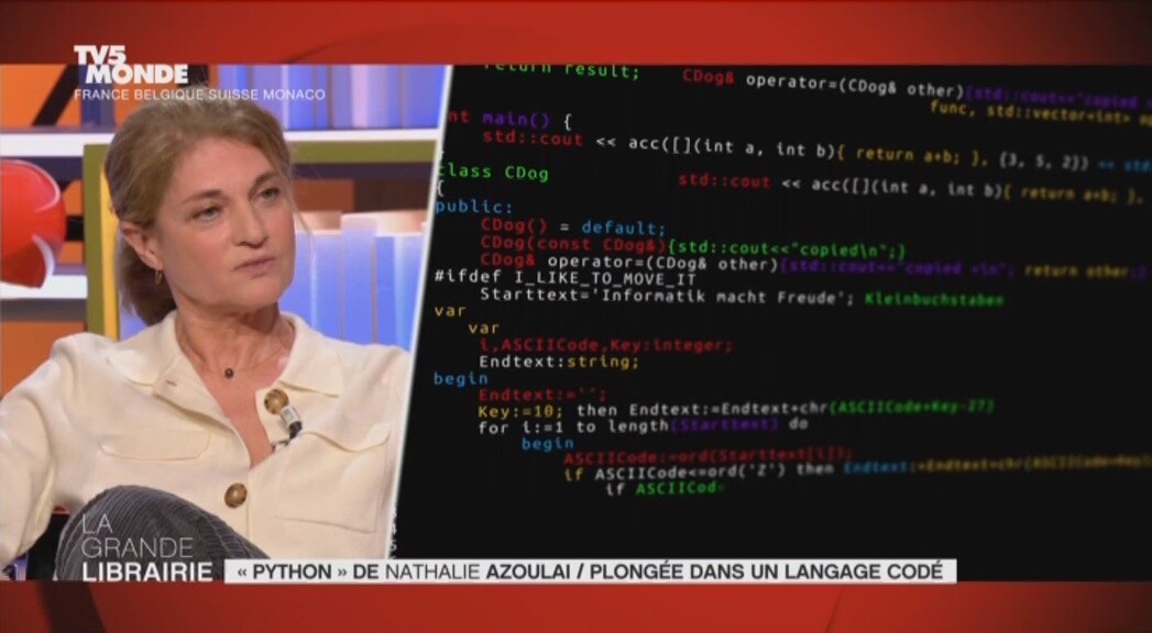 Capture d'écran de l'émission, montrant l'autrice, et du code Python côte à côte.