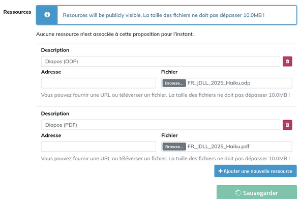Capture d'écran du site, avec deux resources en cours d'ajout, la description indique "Diapos (ODP)" ou "Diapos (PDF)", et les champs fichiers correspondants sont remplis.
